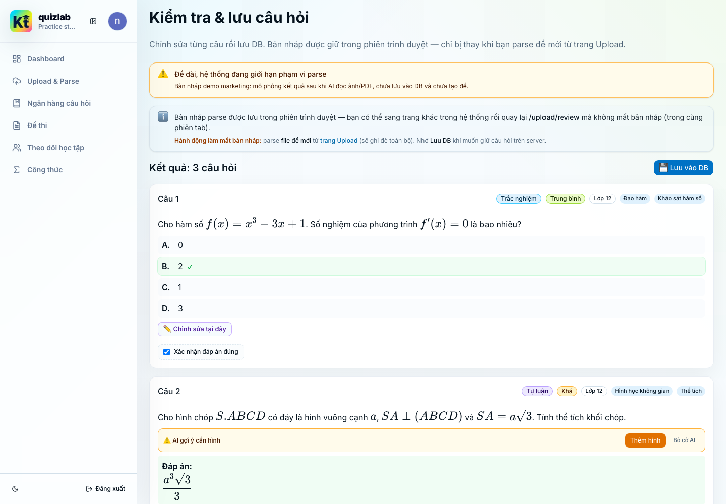Màn hình review kết quả parse đề với câu hỏi, đáp án, topic và nút lưu vào DB.