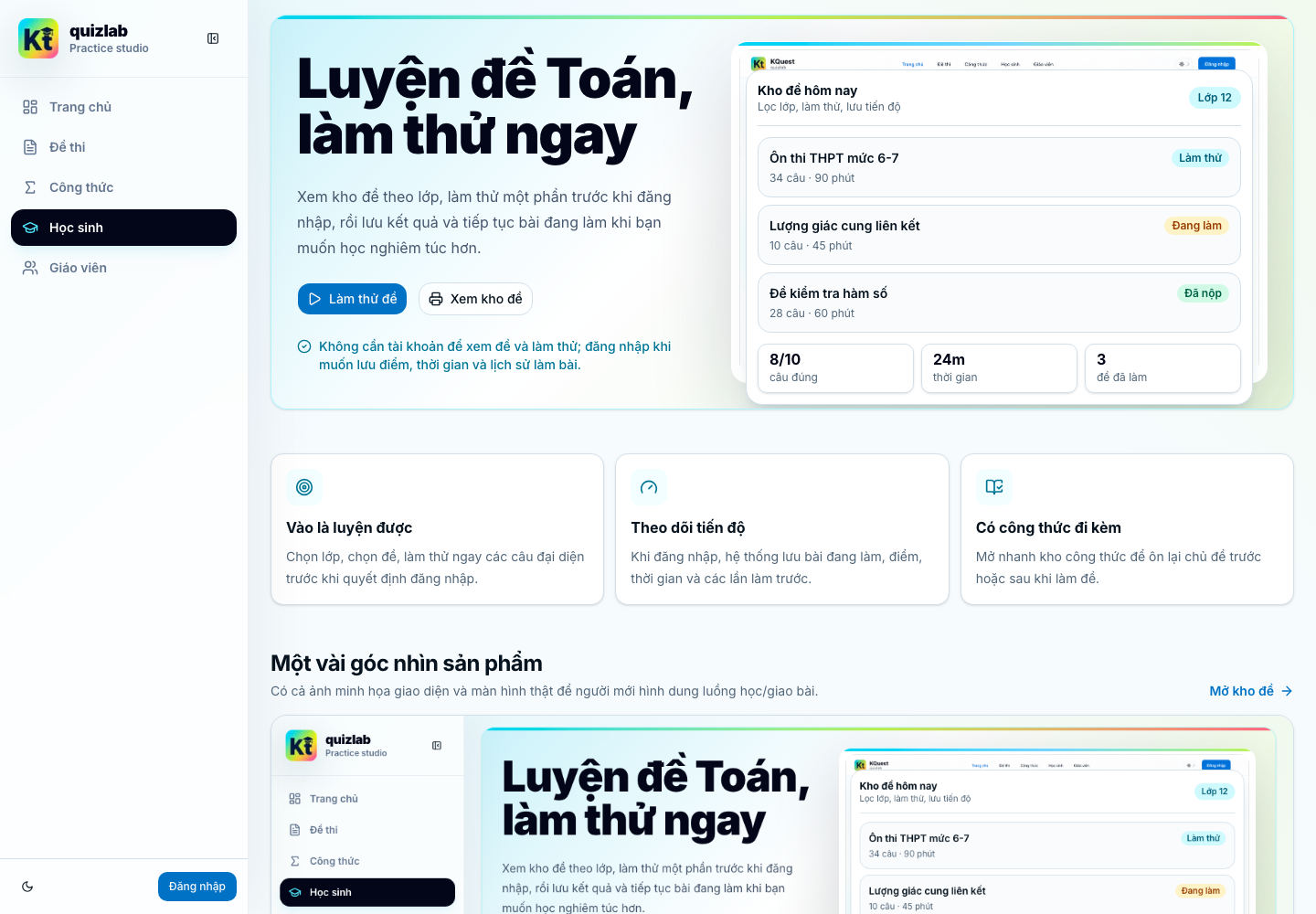 Landing học sinh với luồng luyện đề và tiến độ cá nhân.