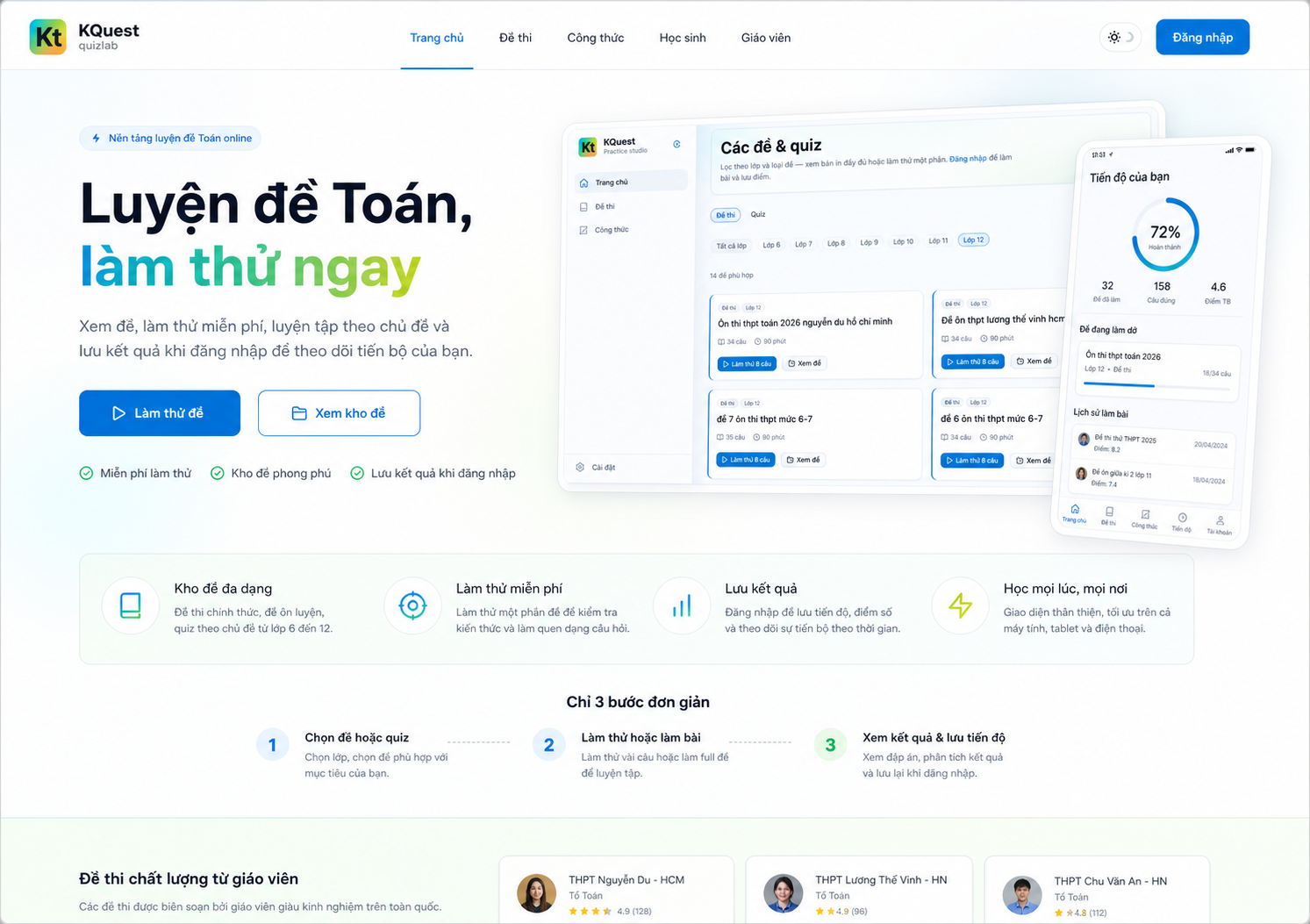 Minh họa trải nghiệm học sinh trên KQuest.