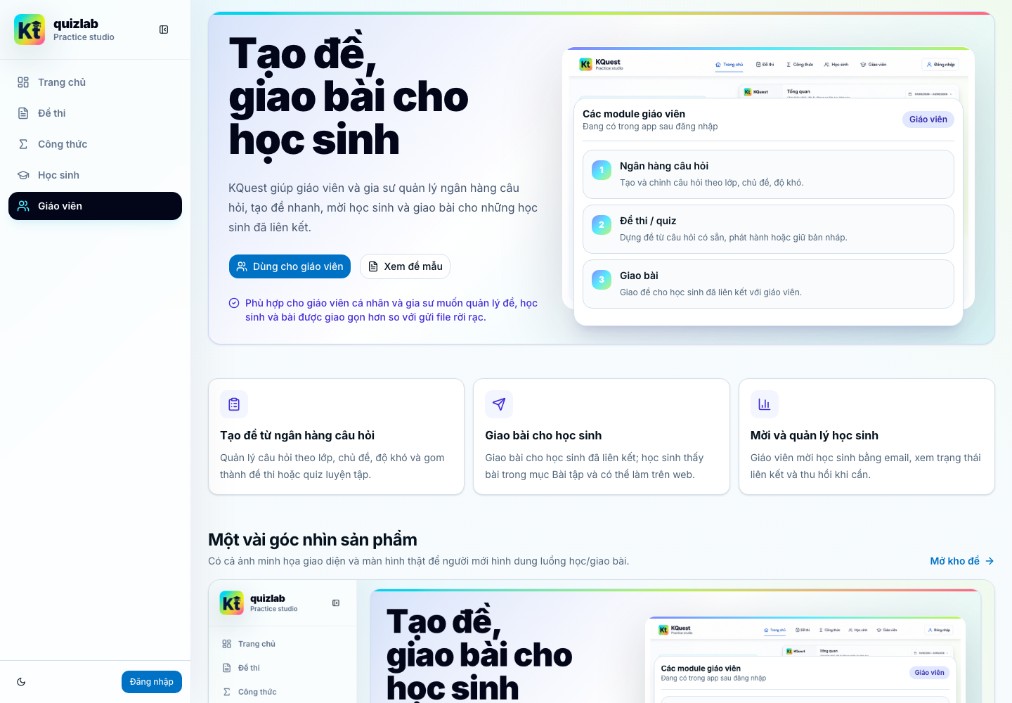 Dashboard giáo viên trên KQuest.